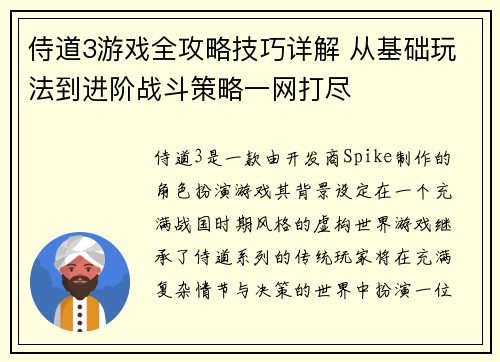 侍道3游戏全攻略技巧详解 从基础玩法到进阶战斗策略一网打尽